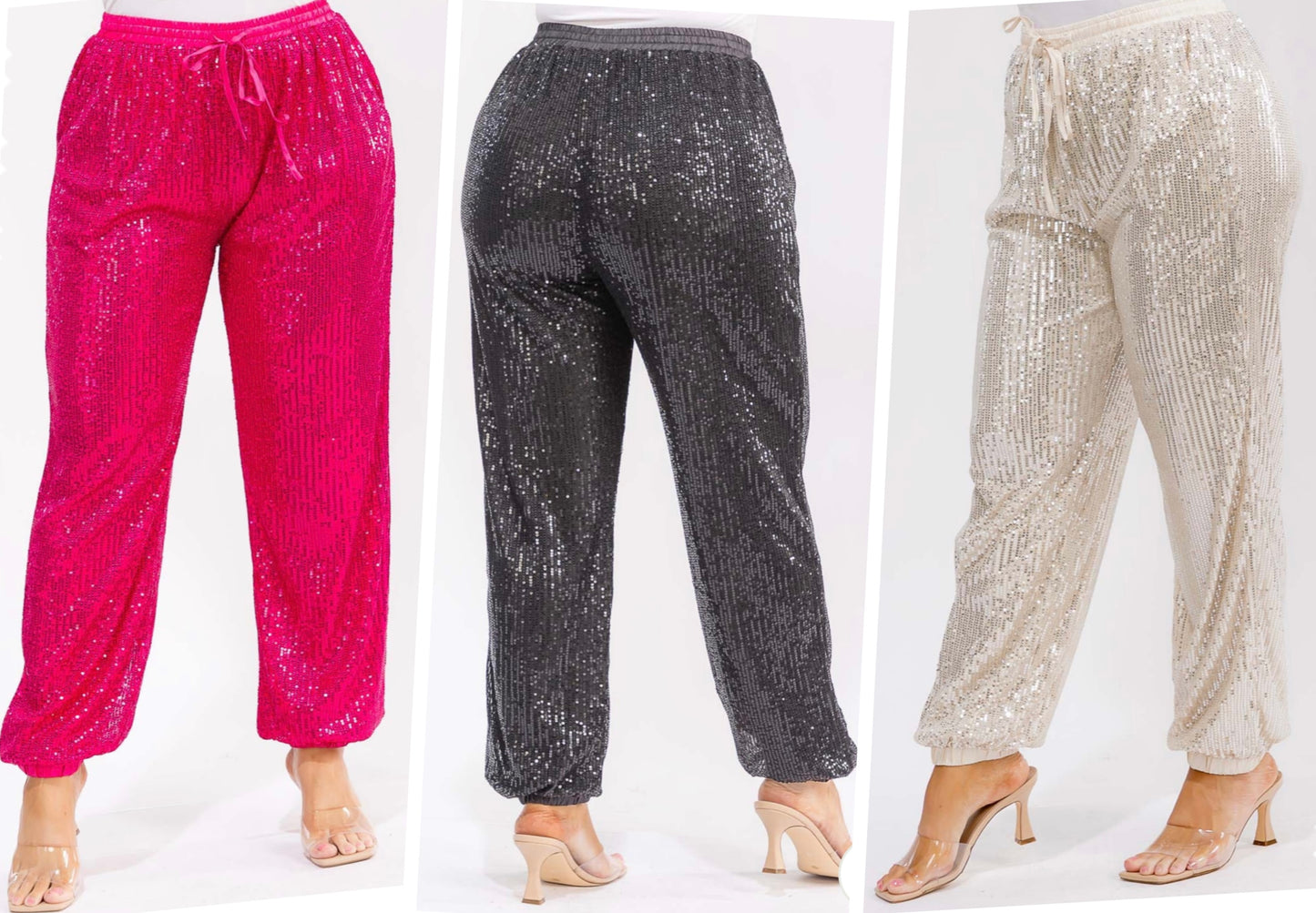 PLUS SIZE ELASTIC WAIST FRONT POCKETS JOGGER SEQUINS PANTS