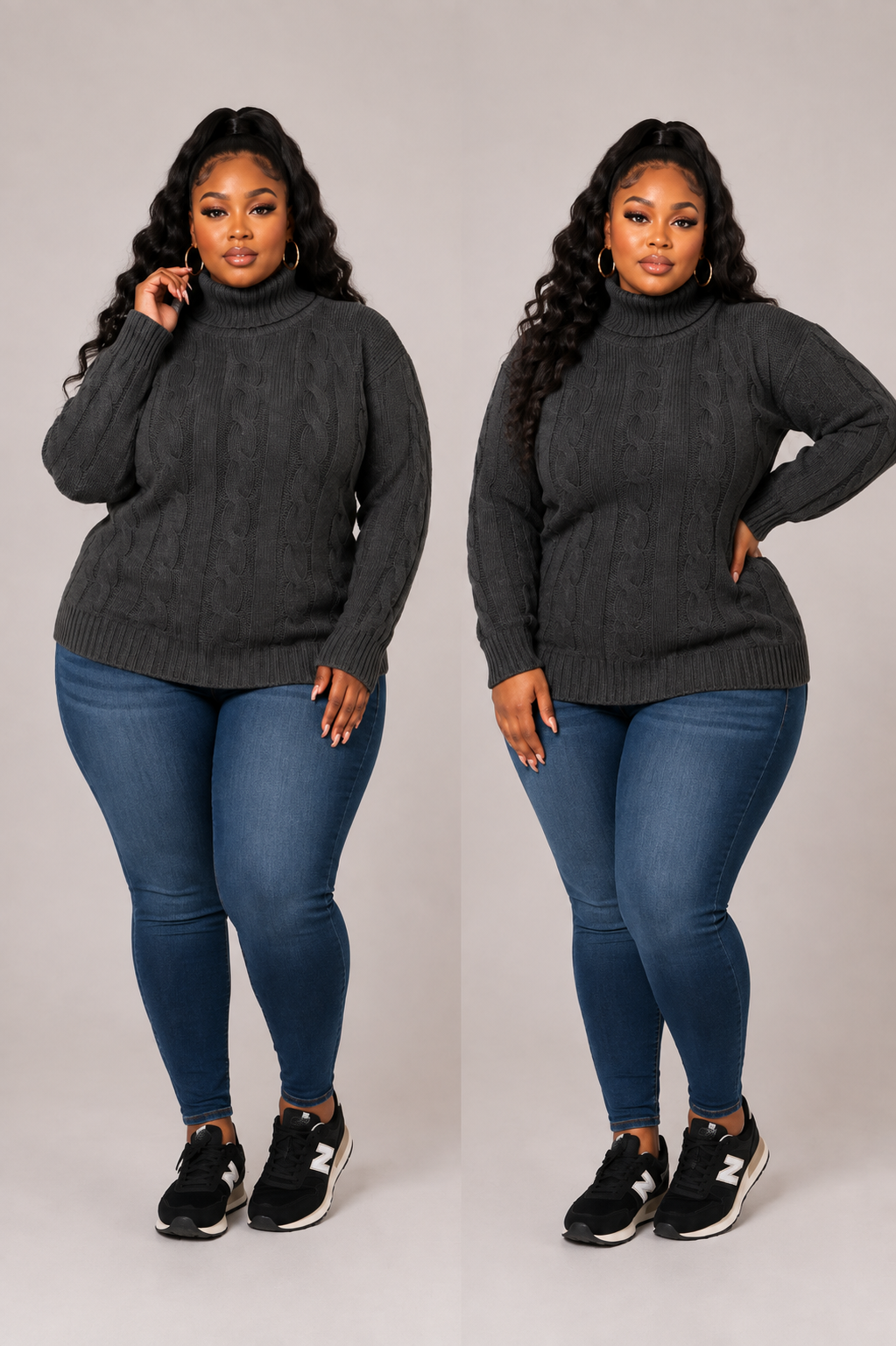 TURTLENCK LONG SLEEVE CABLE SWEATER-CHARCOAL GREY