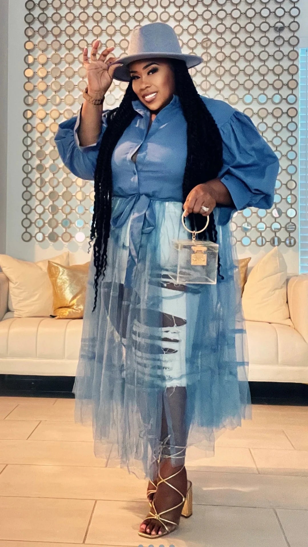 PLUS SIZE MISTY BLUE SHEER BOTTOM TOP