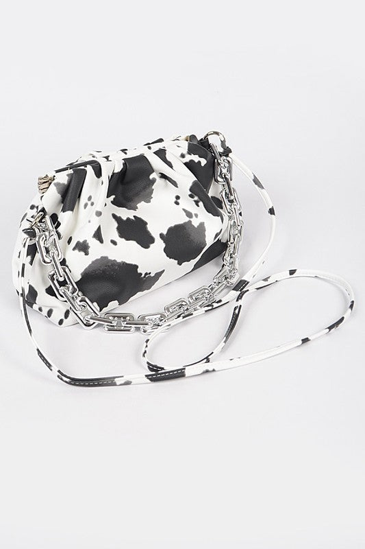Faux Leather Cow Print Clutch W Link Chain