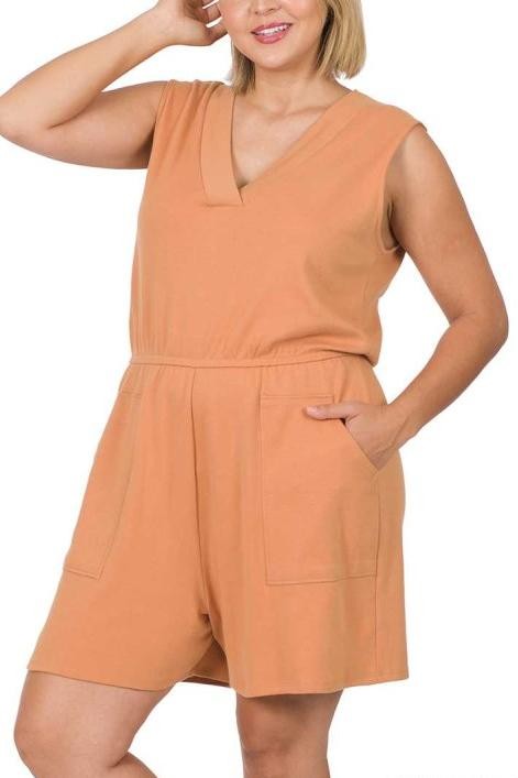PLUS SIZE SLEEVELESS V-NECK 2-POCKET SHORT ROMPER
