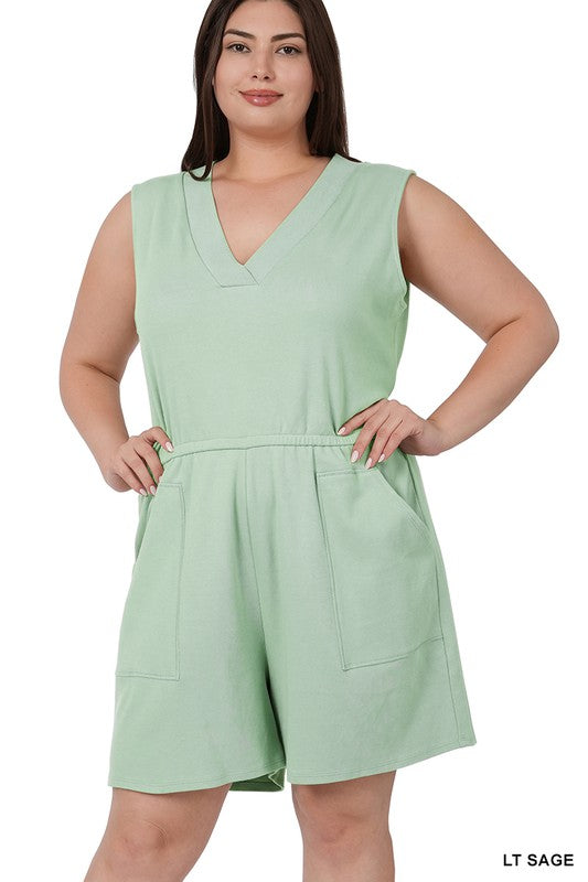 PLUS SIZE SLEEVELESS V-NECK 2-POCKET SHORT ROMPER