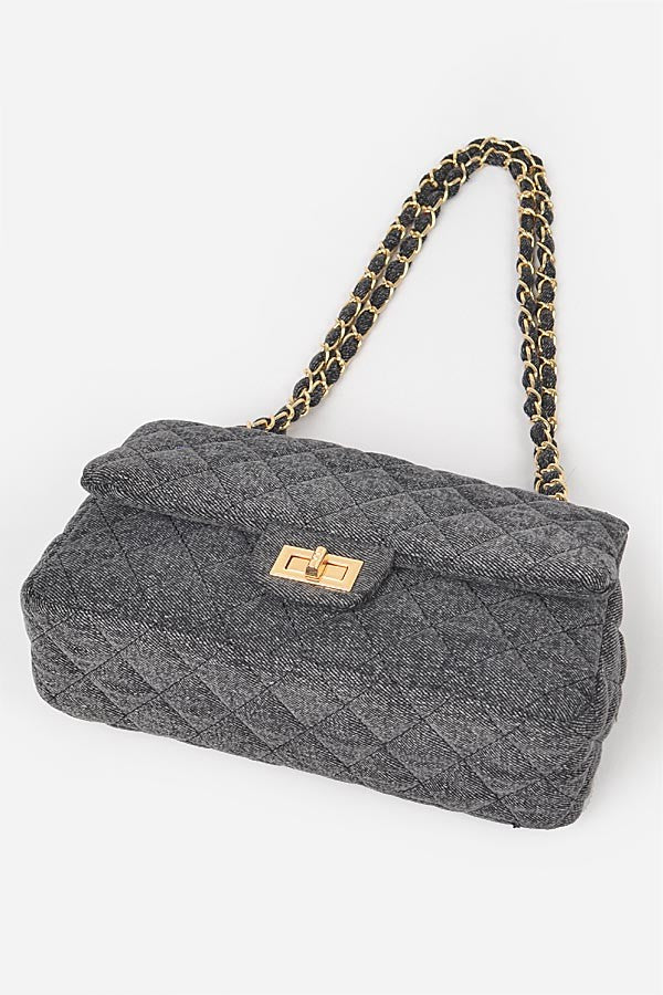 Quilted Denim Shoulder Bag-BLACK