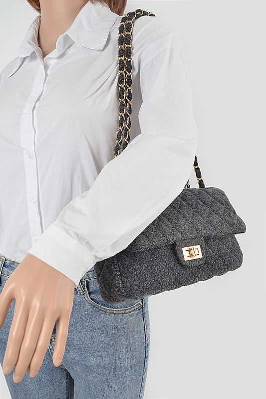 Quilted Denim Shoulder Bag-BLACK