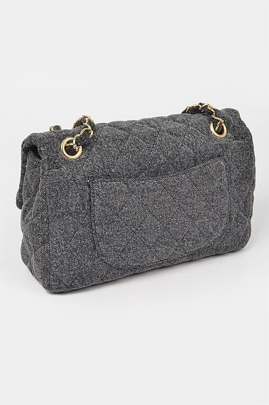 Quilted Denim Shoulder Bag-BLACK