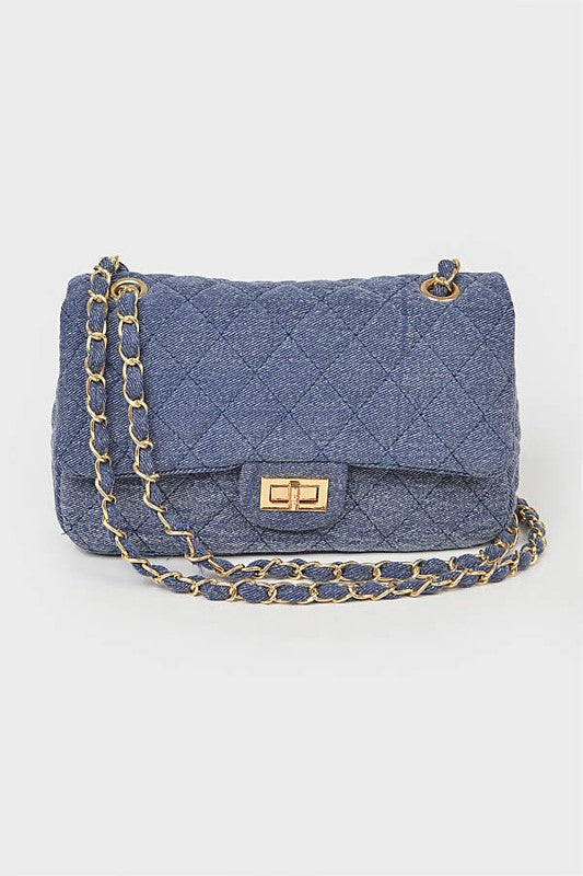 Quilted Denim Shoulder Bag-BLUE