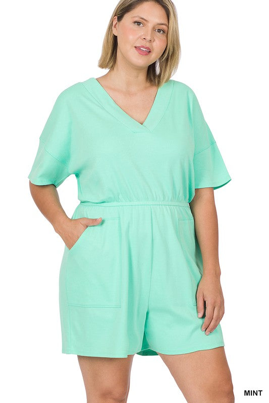 PLUS SIZE V-NECK 2-POCKET SHORT ROMPER