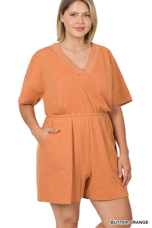 PLUS SIZE V-NECK 2-POCKET SHORT ROMPER