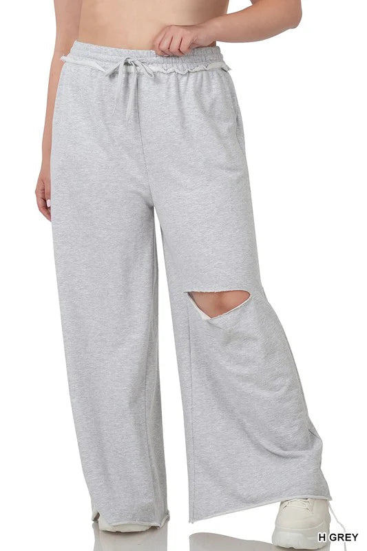 WIDE LEG SLICED KNEE PANTS