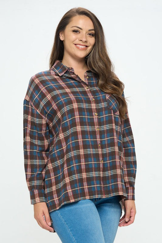 PLUS SIZE PLAID BUTTON UP SHIRT-BLUE MIX-11