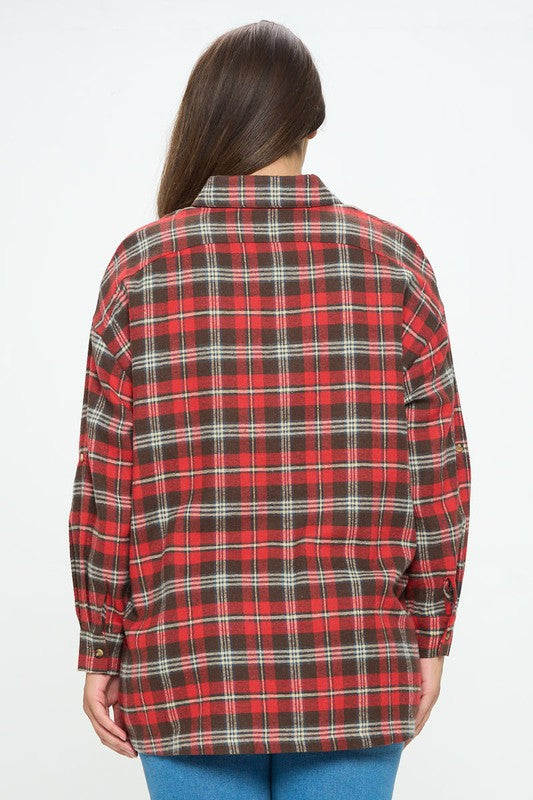 PLUS SIZE PLAID BUTTON UP SHIRT- RED MIX-11