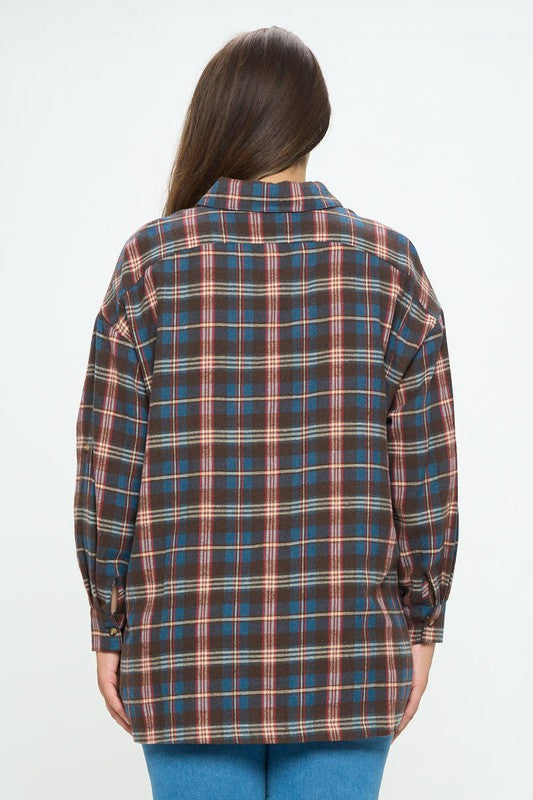 PLUS SIZE PLAID BUTTON UP SHIRT-BLUE MIX-11