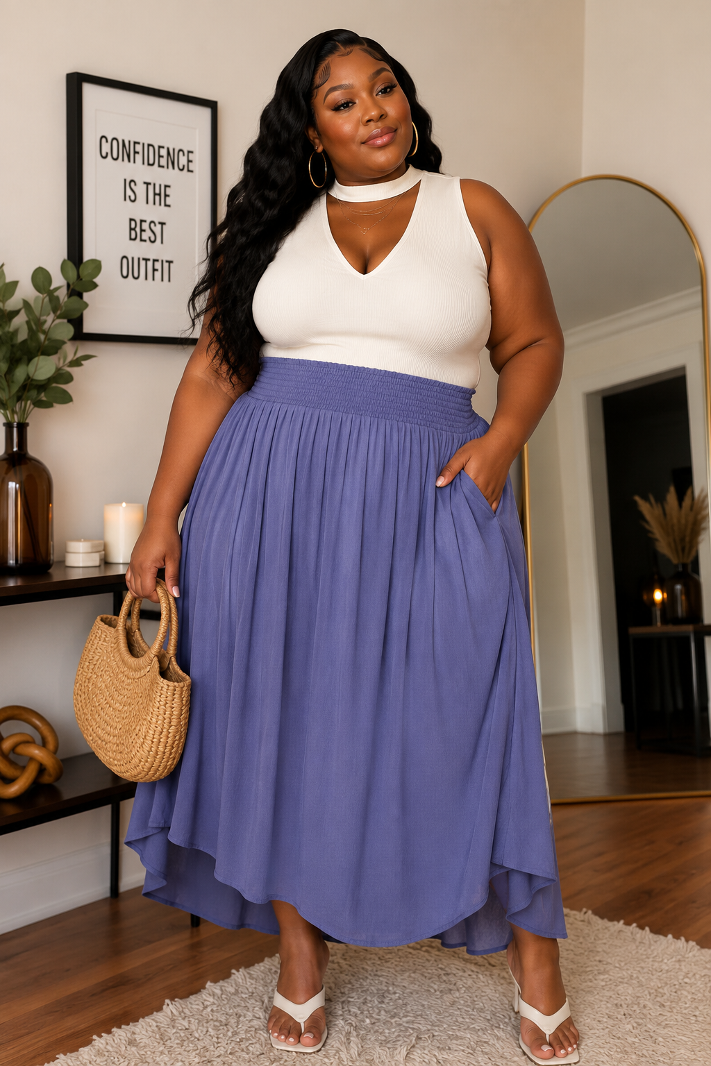 PLUS SIZE Crinkle smocked waist side slit maxi skirt w/pockets-MARLIN