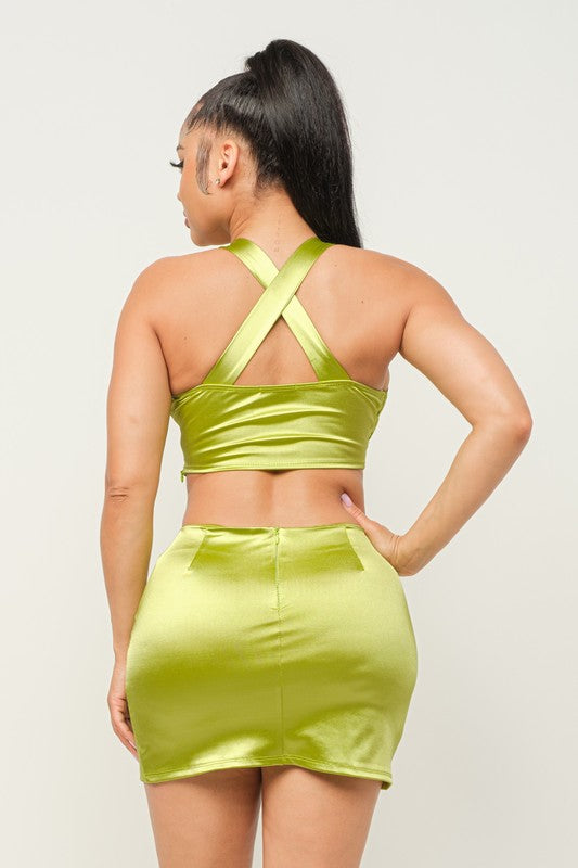 Open Front Cross Back Top And Side Slit Skirt Set-LIME
