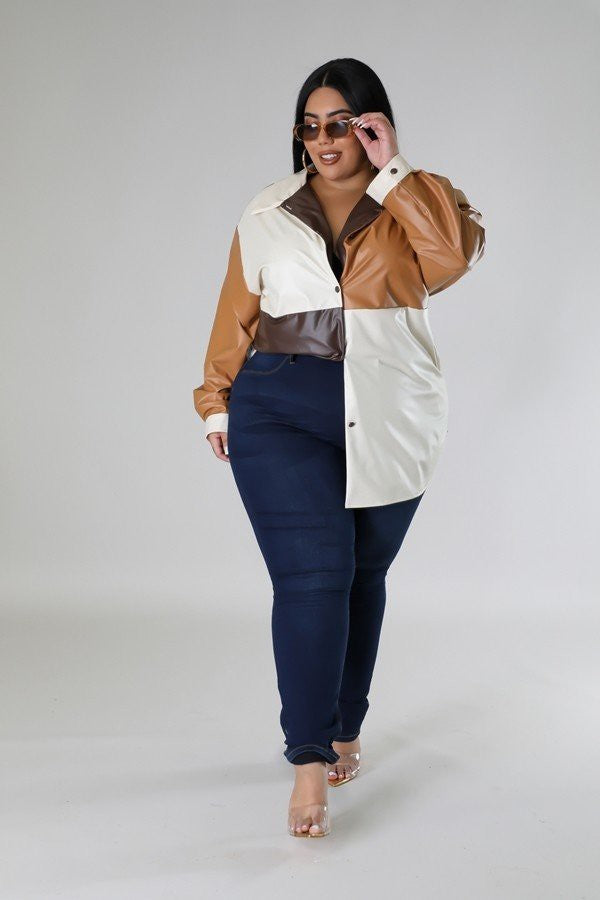 PLUS SIZE COLOR BLOCK FAUX LEATHER SHIRT