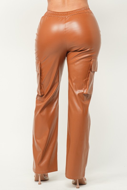 Faux Leather Front V-Cut Side Flap Pocket Cargo Pants