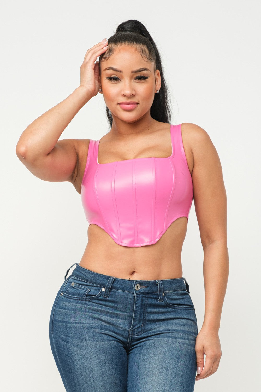 Faux Leather Corset Style Detail Back Cross Tie Top