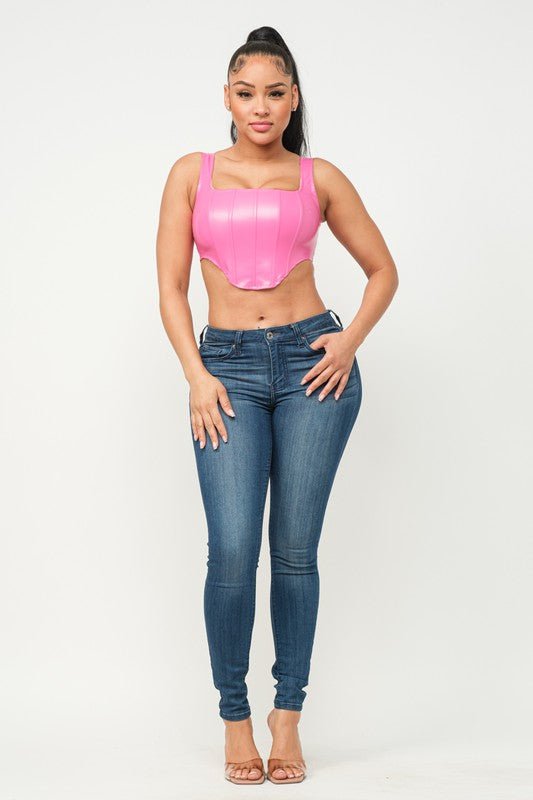 Faux Leather Corset Style Detail Back Cross Tie Top
