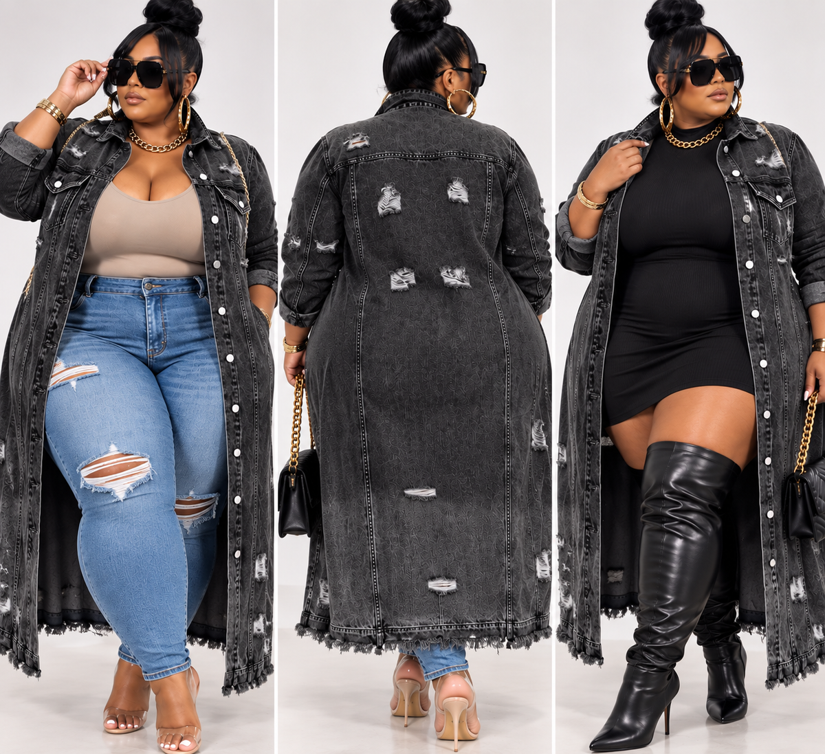 PLUS SIZE "BIG PRESSURE" DENIM TRENCH JACKET-BLACK