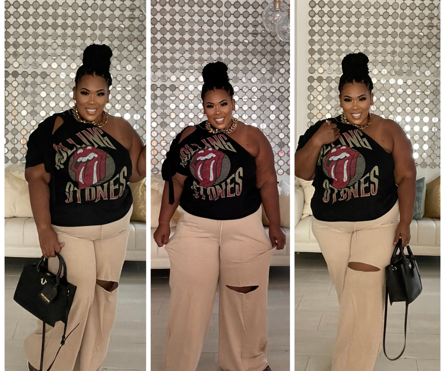 PLUS SIZE WIDE LEG SLICED KNEE -POCKET PANTS-KHAKI
