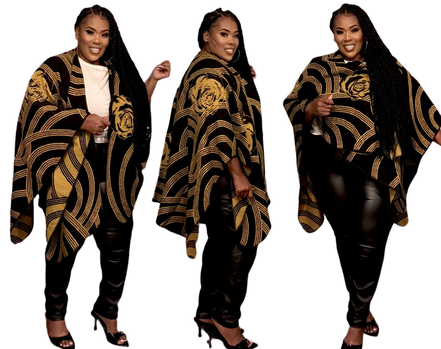 PLUS SIZE GEOMETRIC PRINT OPEN FRONT KIMONO-BLACK/GOLD