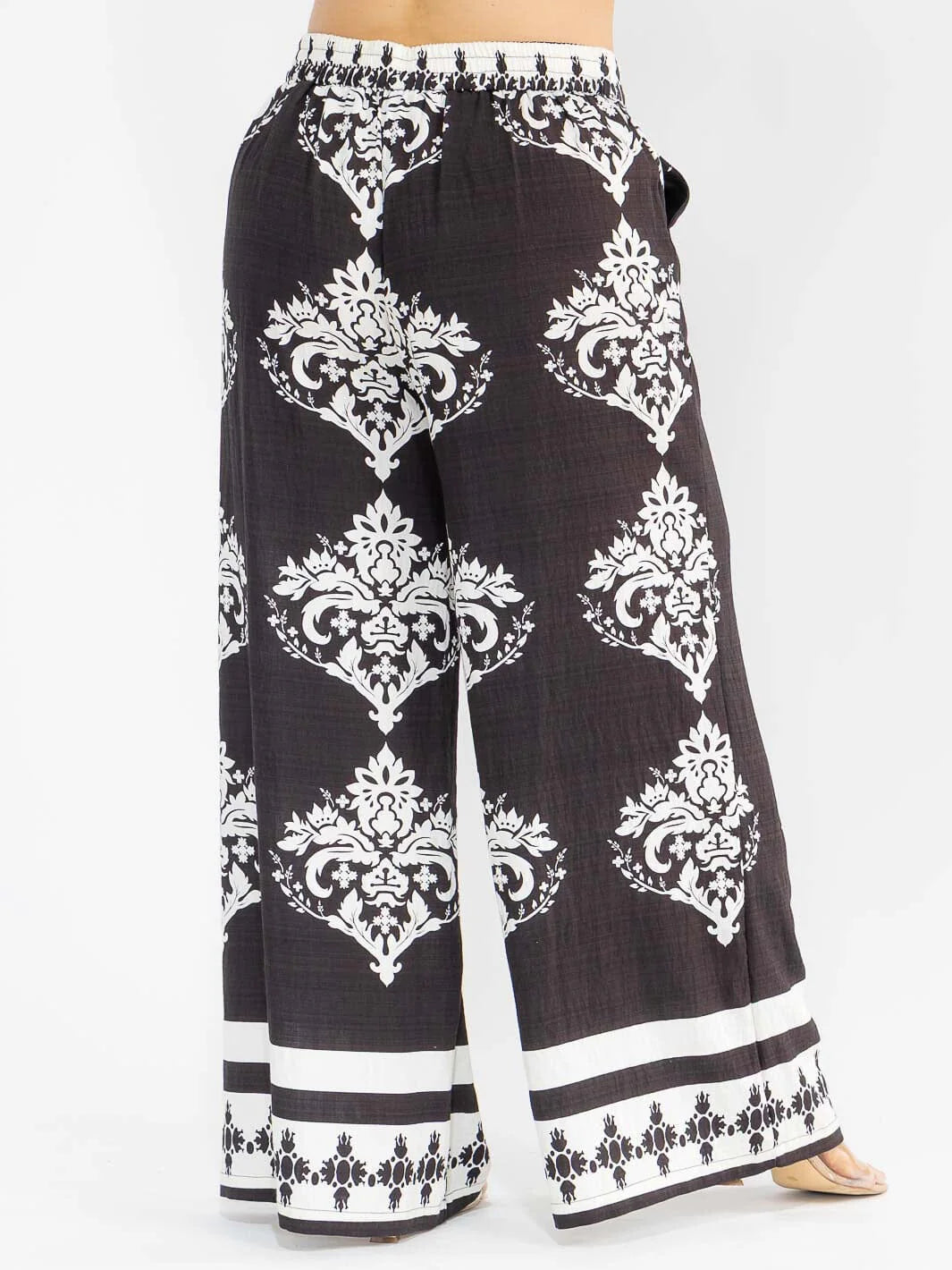 PLUS SIZE ELASTIC WAIST 2/POCKETS WIDE LEG PALAZZO PANTS-BLACK/WHITE-00