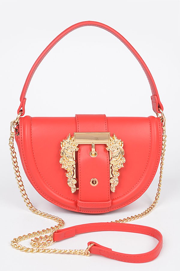 Faux Leather Shoulder Bag W/big Metal Buckle-RED