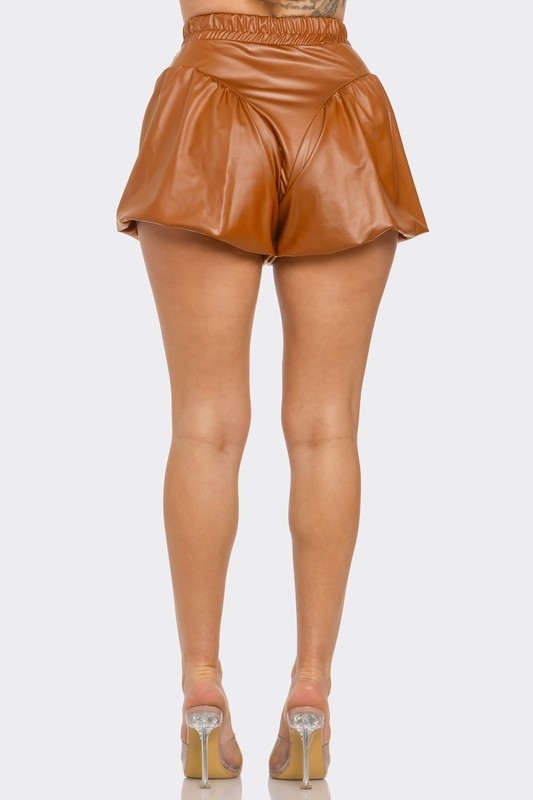 Faux Leather Pleated Bubble Shorts-COGNAC