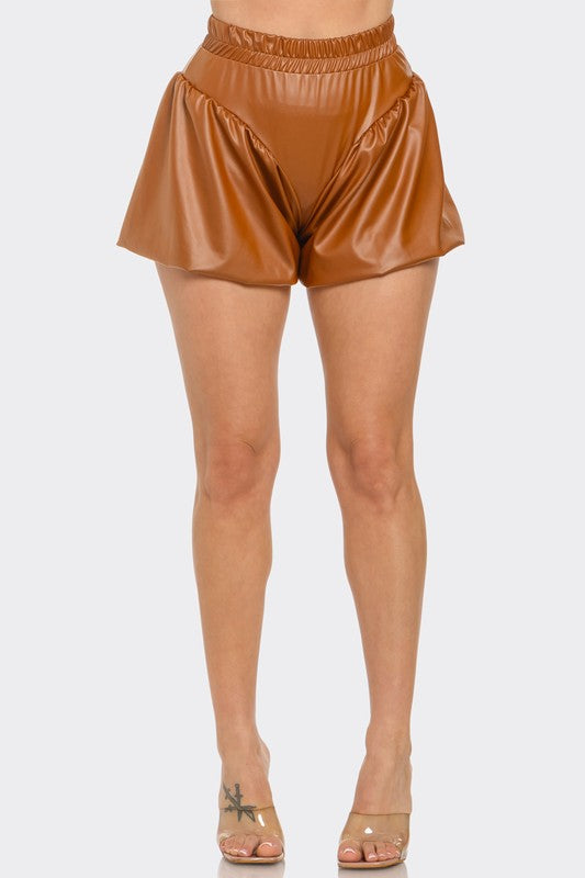 Faux Leather Pleated Bubble Shorts-COGNAC