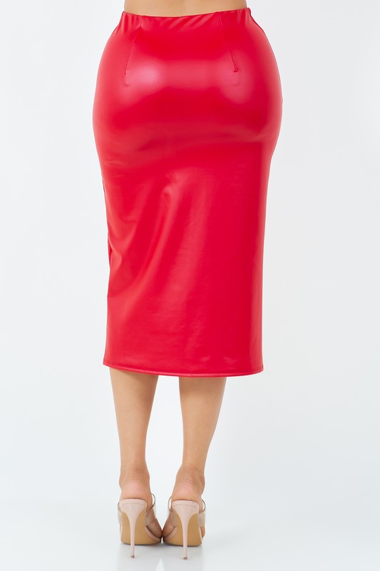 PLUS SIZE Faux Leather Pencil Skirt Slit High Waist-RED