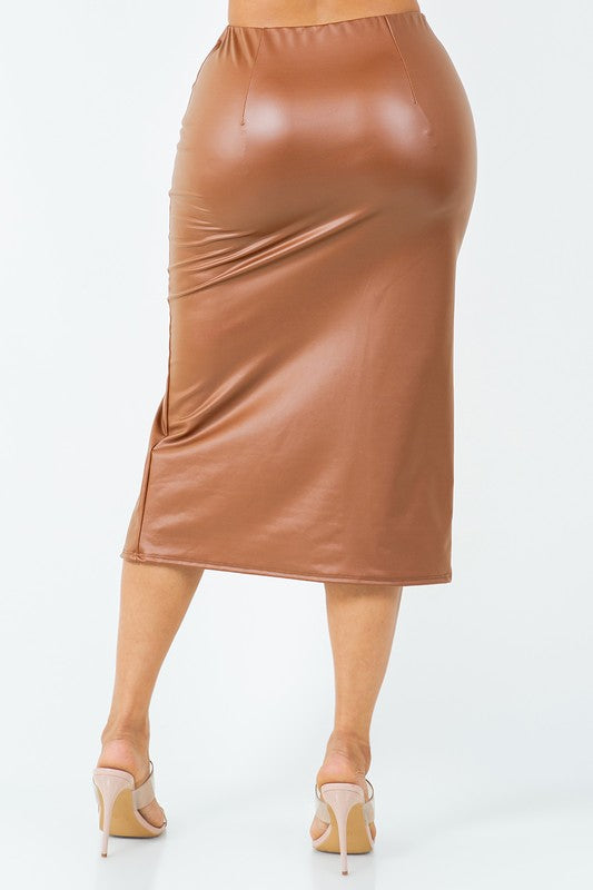 PLUS SIZE Faux Leather Pencil Skirt Slit High Waist-CAMEL