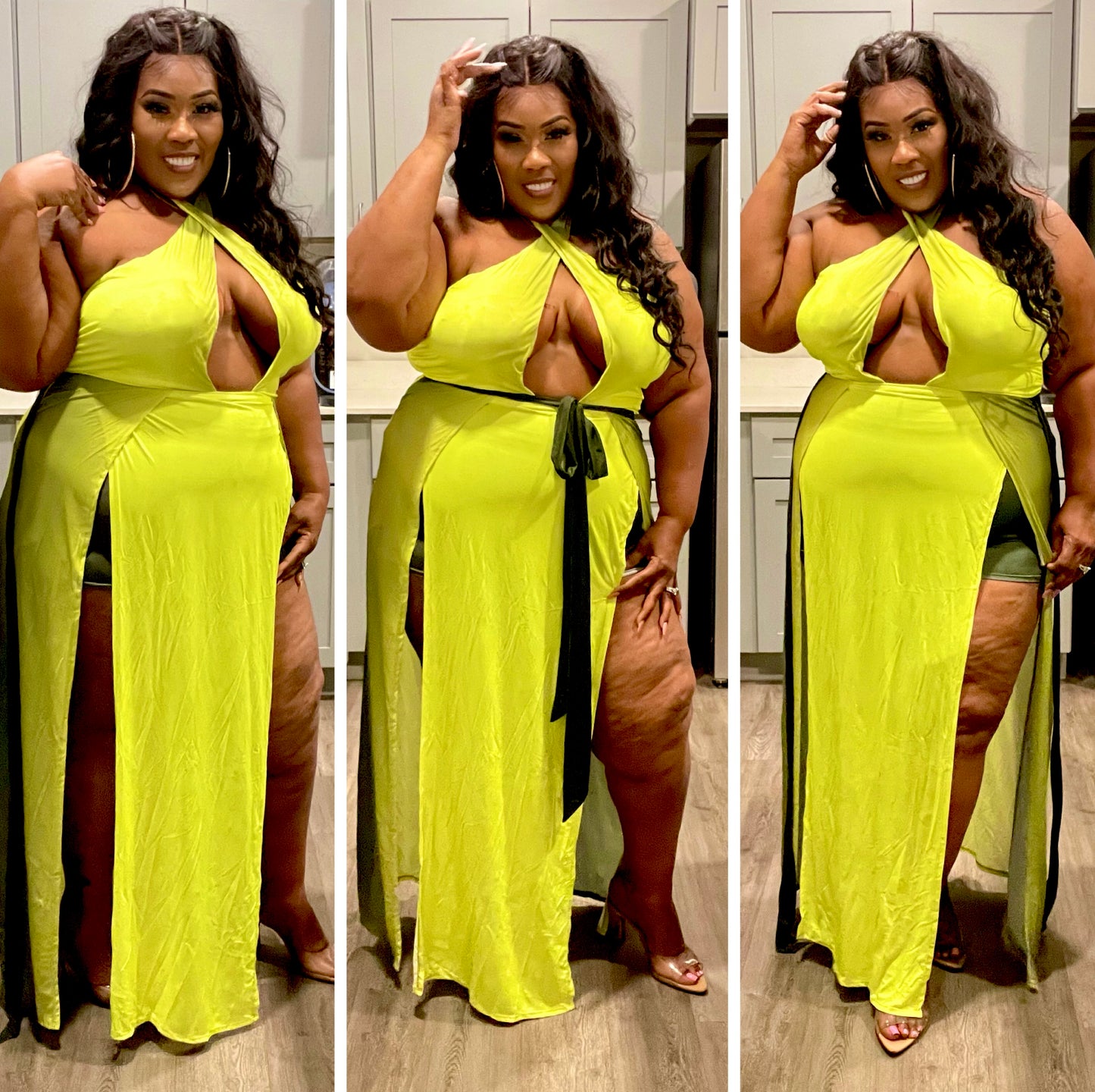 PLUS SIZE CUTOUT HALTER NECK WAIST TIE MAXI DRESS