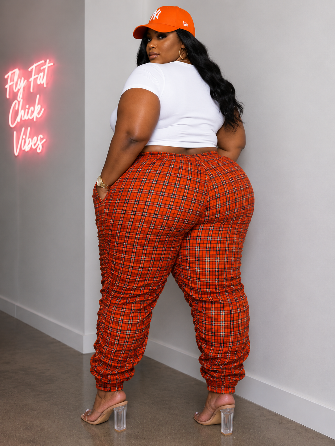 PLUS SIZE "PLAID ON PURPOSE" SCRUNCH PANTS-ORANGE