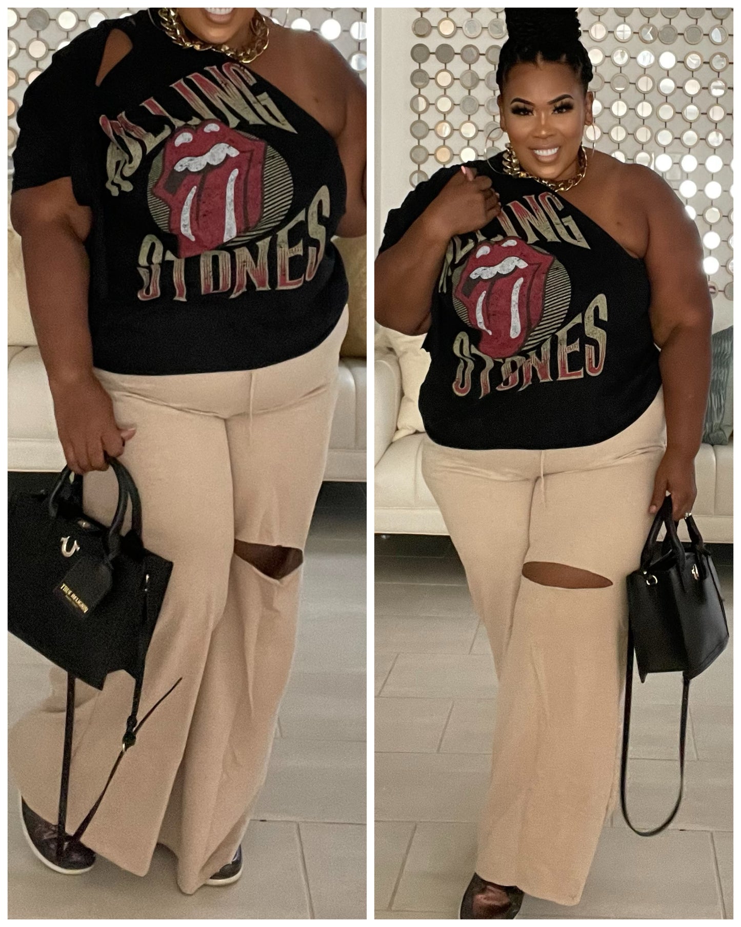 PLUS SIZE WIDE LEG SLICED KNEE -POCKET PANTS-KHAKI