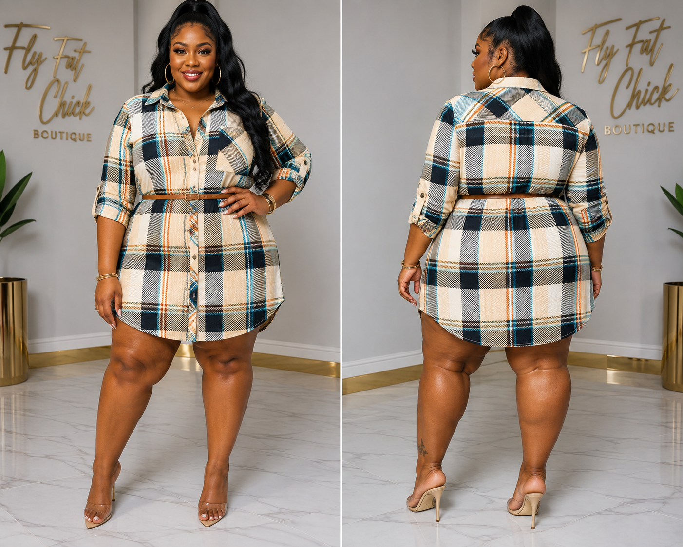PLUS SIZE Plaid Print V-Neck Lightweight Belt Shirts Dress-TEAL MIX-13