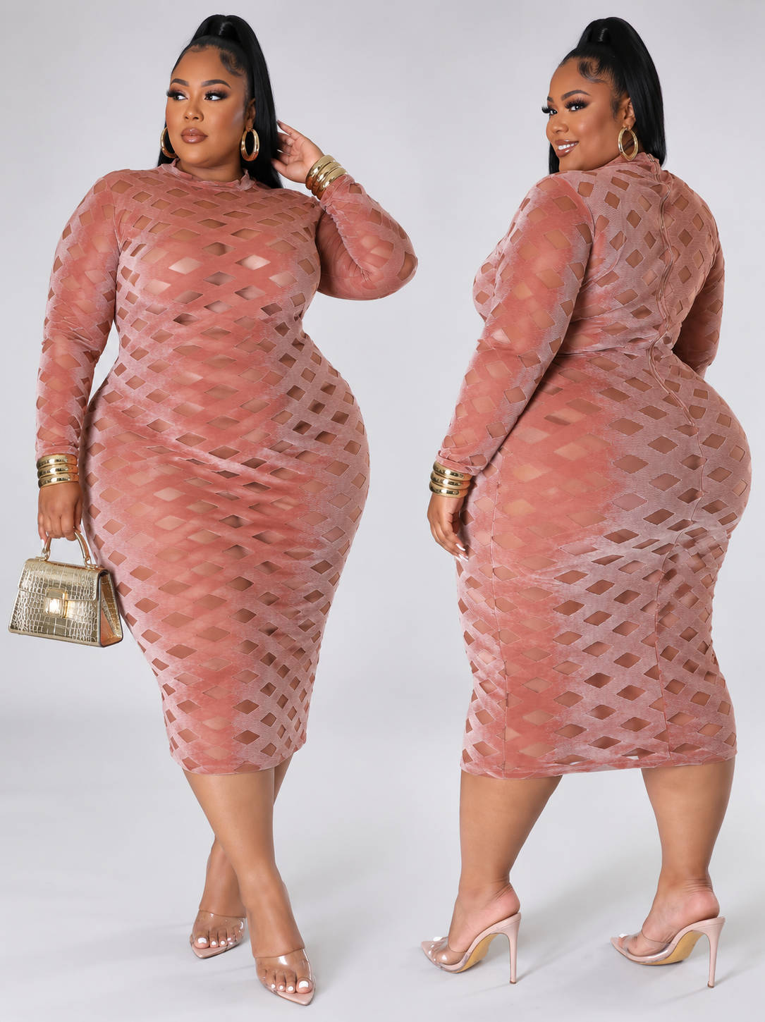 PLUS SIZE "RISKY BIDNESS MESH & VELVET DRESS"-DUSTY MAUVE-59