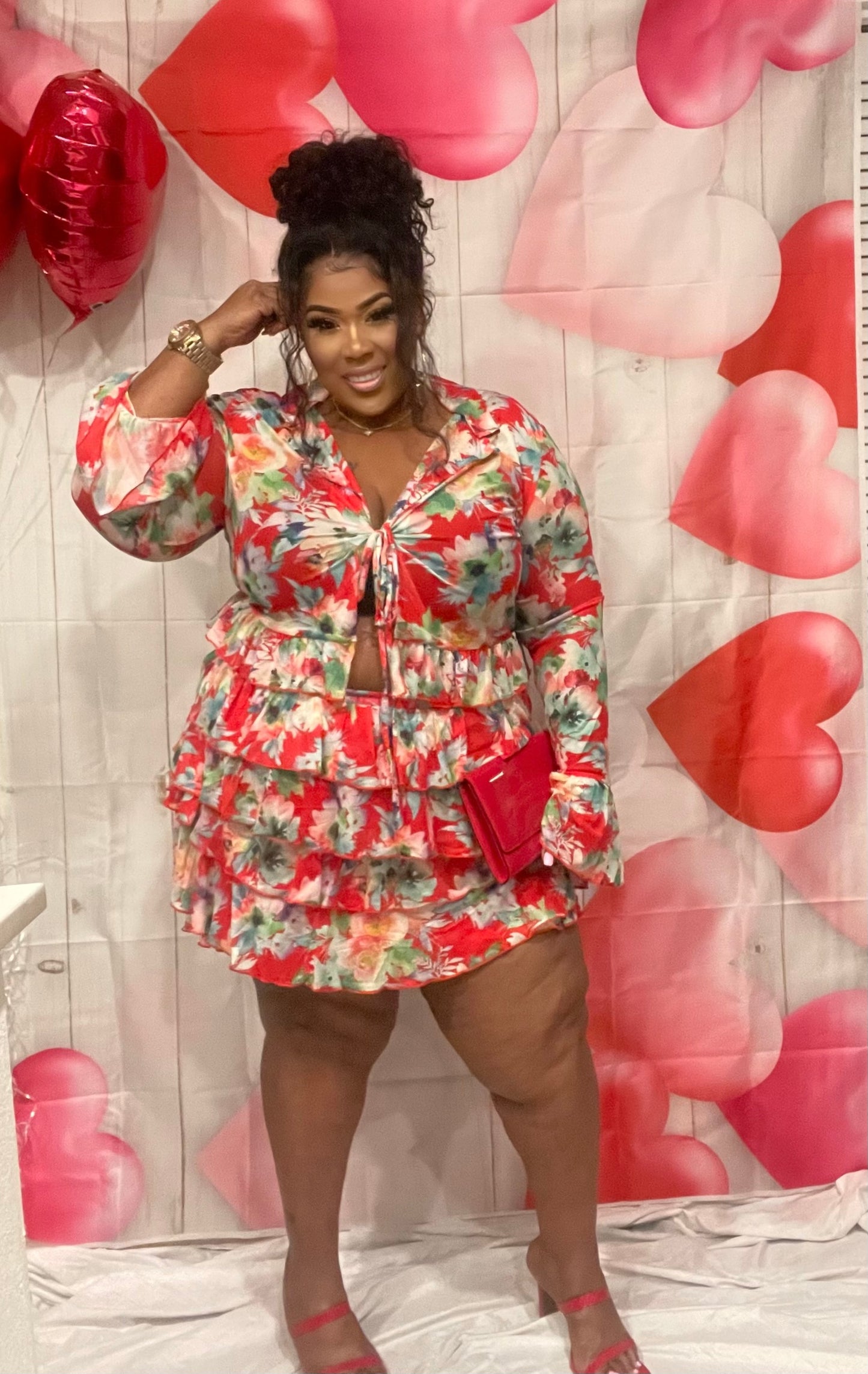 Plus Size 2-Piece Red Floral Ruffle Skirt Set