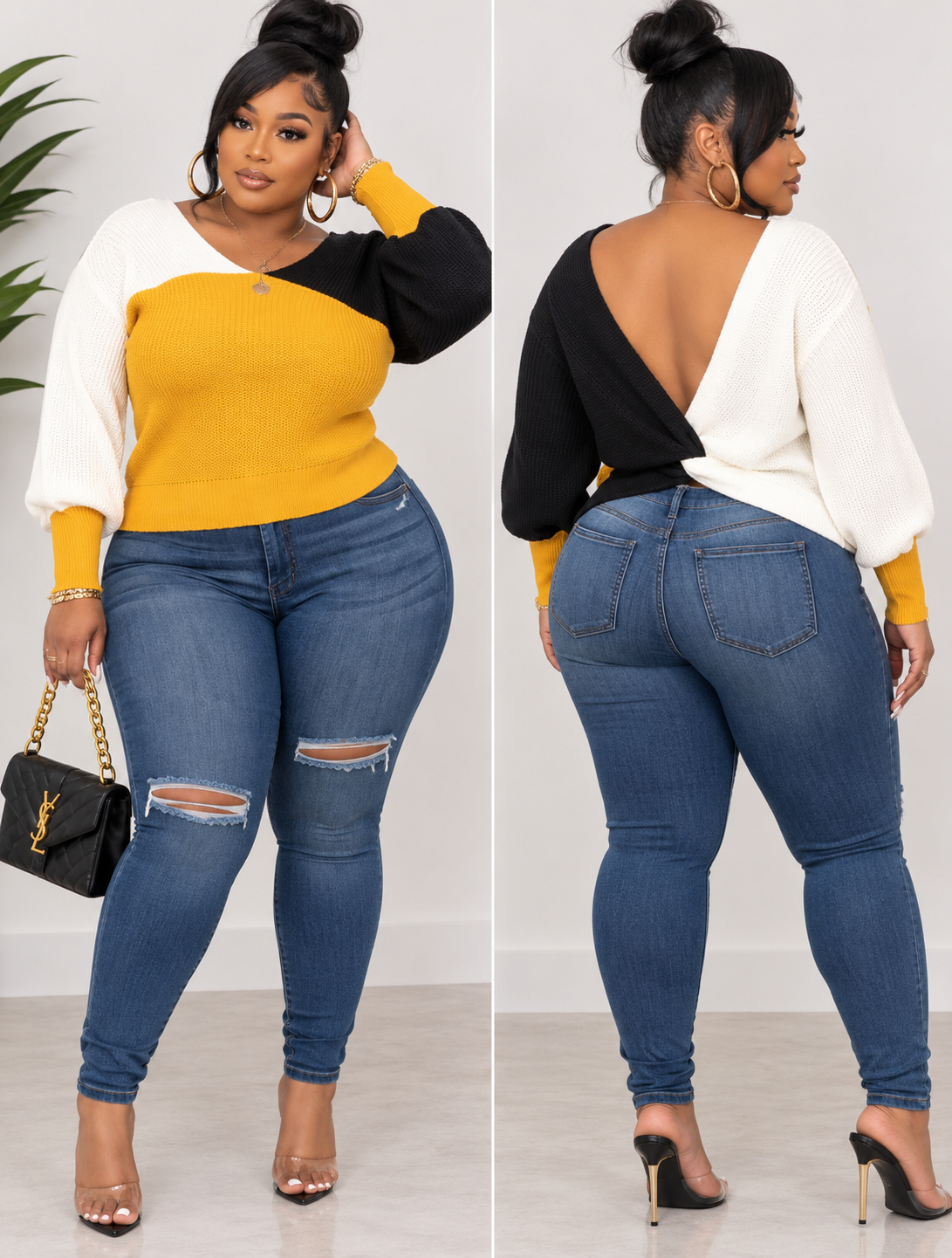 COLOR BLOCK SEXY BACK SWEATER- MUSTARD MIX (Copy)