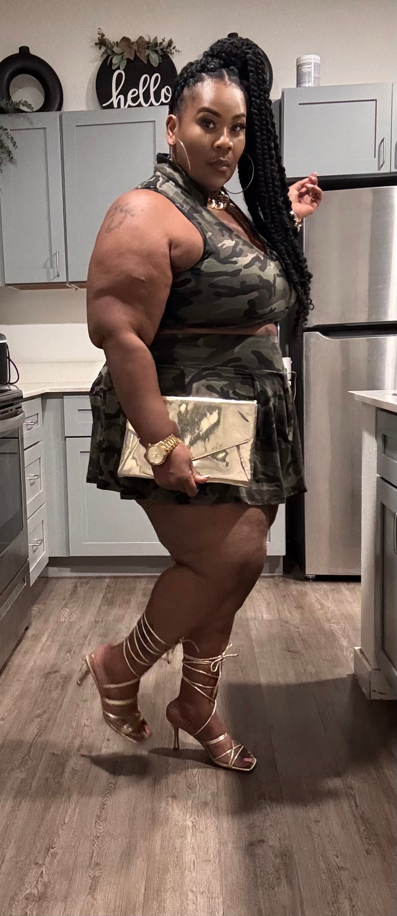 PLUS SIZE CAMOFLAGUE 2-PIECE PLEATED SKIRT SET W/BUILT IN PANTIE