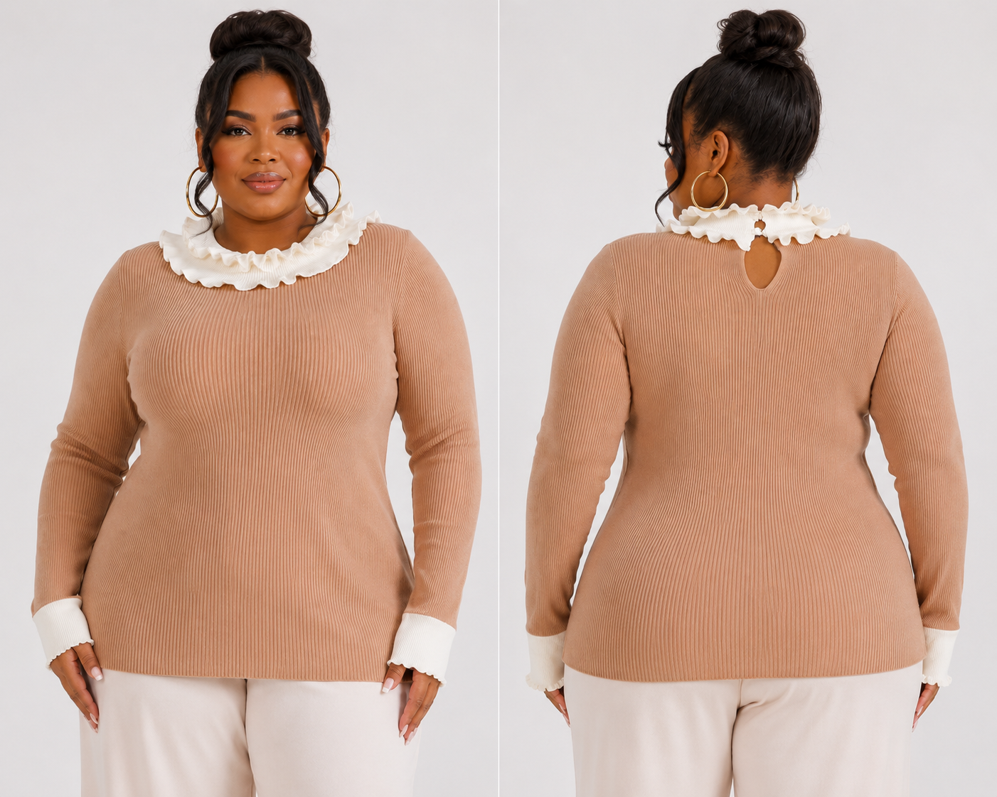 PLUS SIZE LONG SLEEVES RUFFLE COLLAR DETAILED RIBBED TOP-58