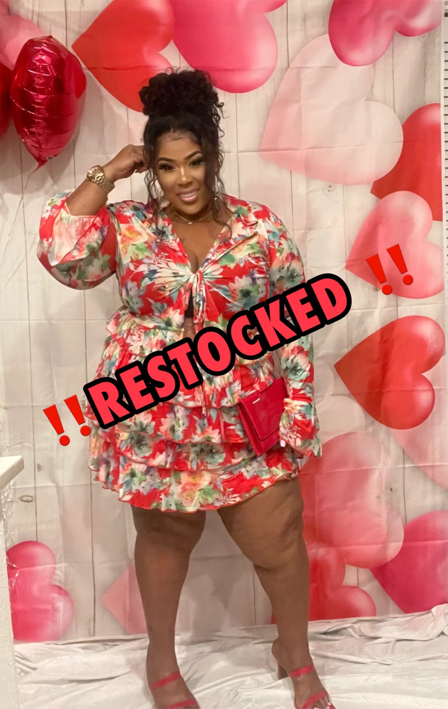 Plus Size 2-Piece Red Floral Ruffle Skirt Set