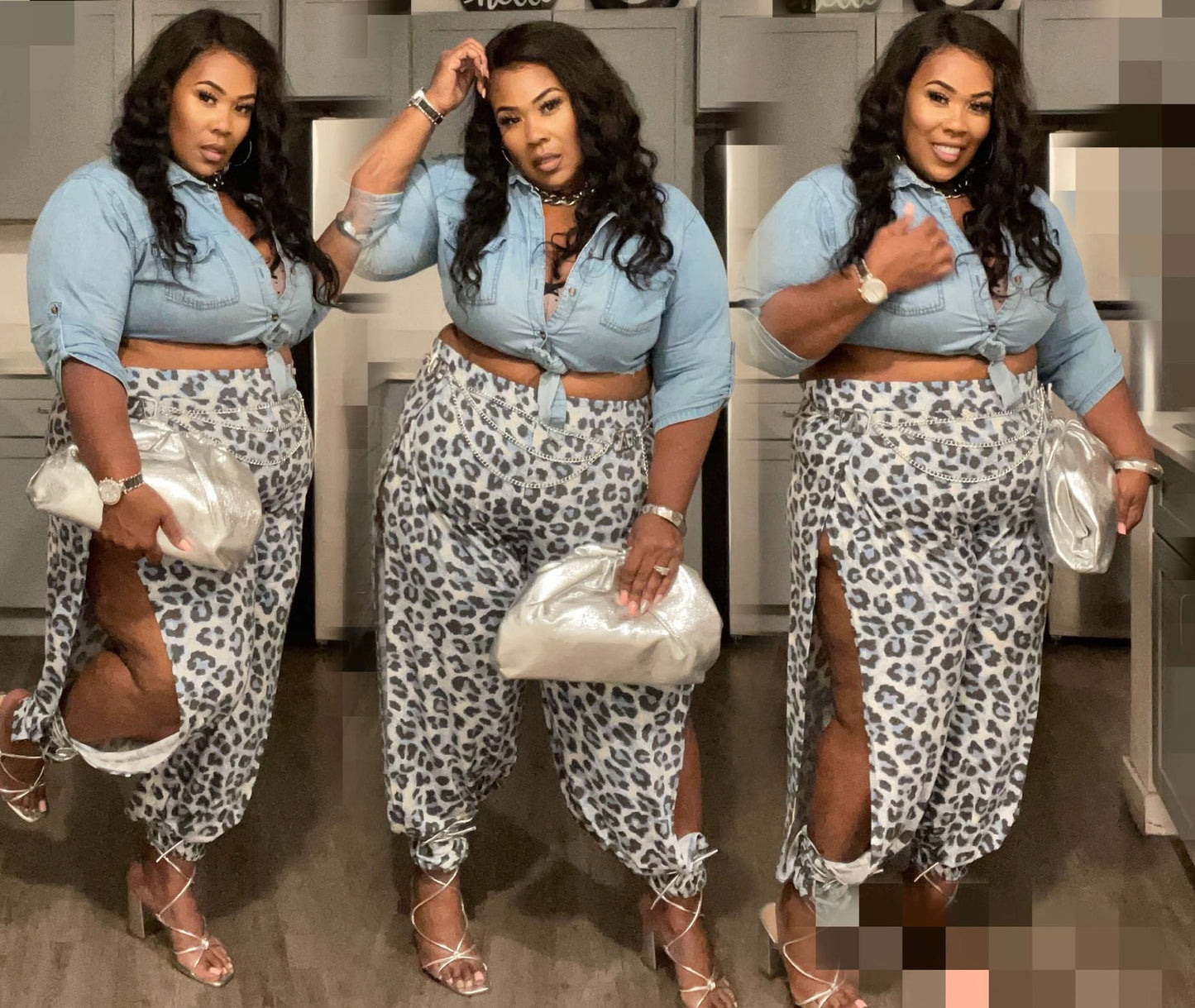 Plus leopard split side pants-BLUE