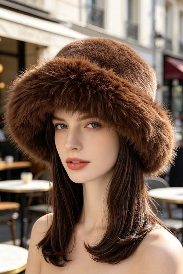 Wide Brim Faux Fur Bucket Hat-COCO BROWN