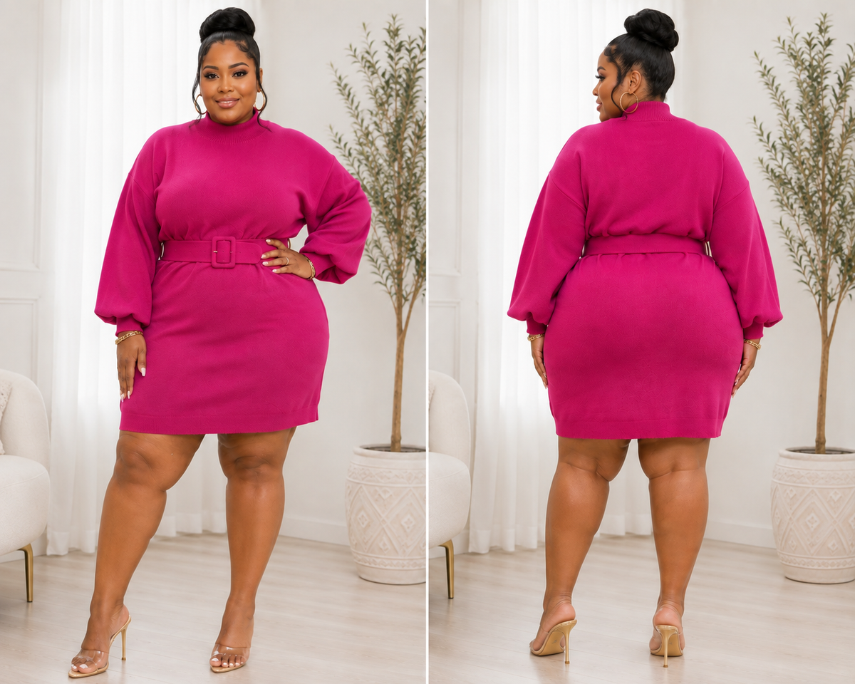 PLUS SIZE LONG SLEEVE BELTED SWEATER DRESS-36