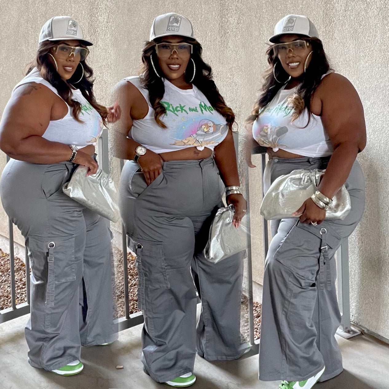 PLUS SIZE WIDE LEG STRAP TRIM CARGO PANTS-GREY