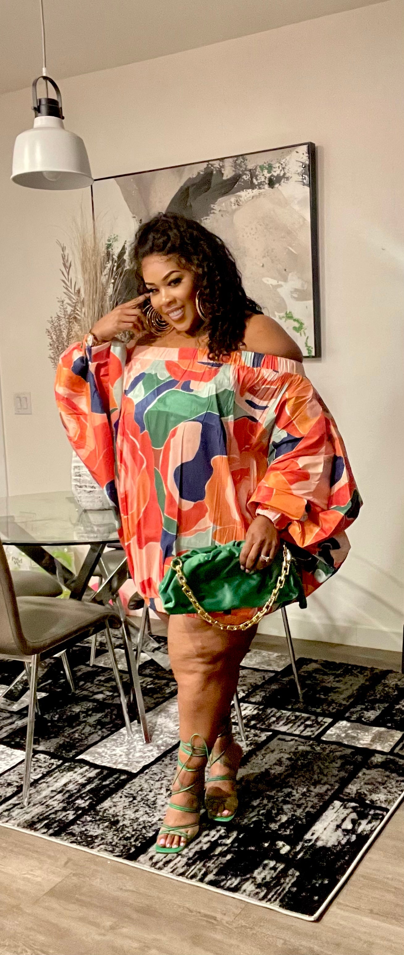 PLUS SIZE Off Shoulder Exaggerated Sleeves Bubble Dress Top-ORANGE MIX