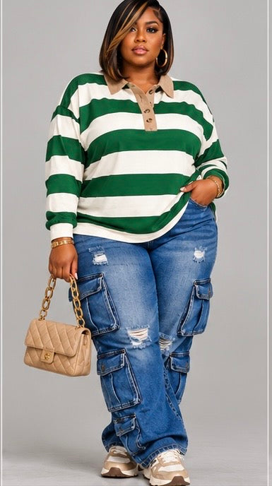 PLUS SIZE "RUGBY CHIC" STRIPED POLO PULLOVER-GREEN