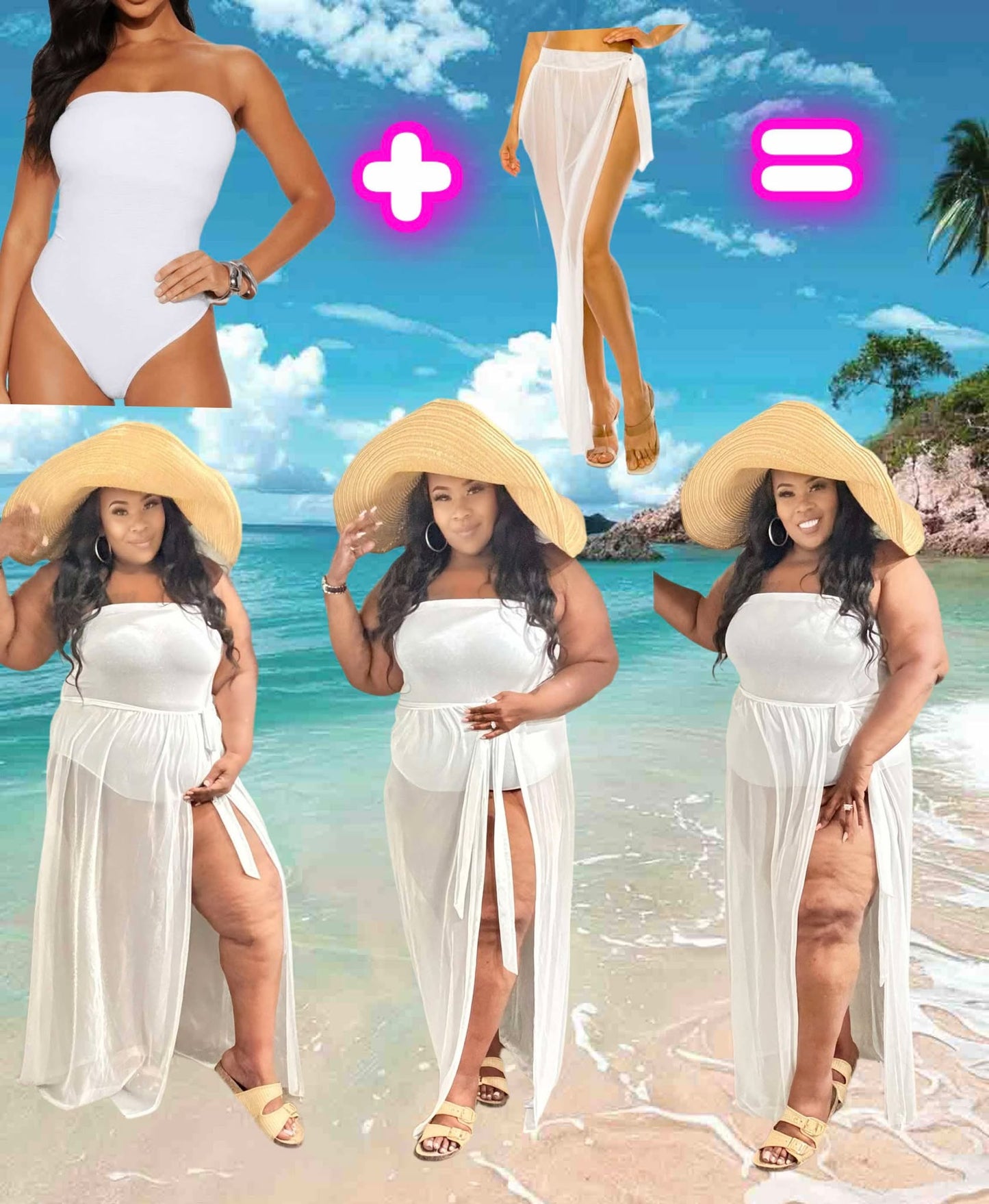 PLUS SIZE 2-PIECE HALTER BODYSUIT & MESH TIE SKIRT/COVER-UP