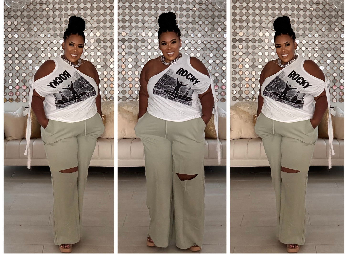 PLUS SIZE WIDE LEG SLICED KNEE -POCKET PANTS-SAGE
