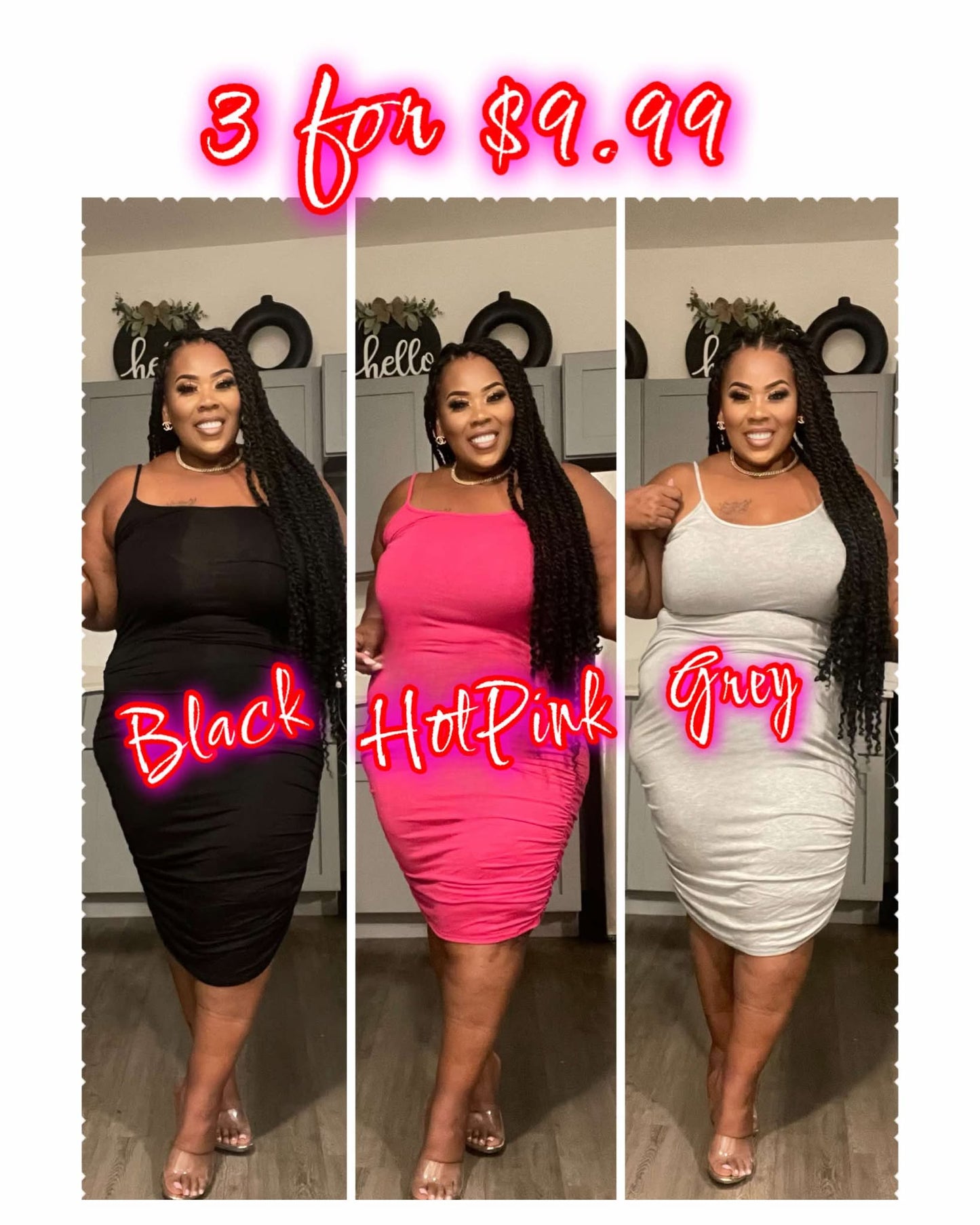 PLUS SIZE PAGHETTI STRAP SCRUNCH DRESS (3PACK FOR $9.99)